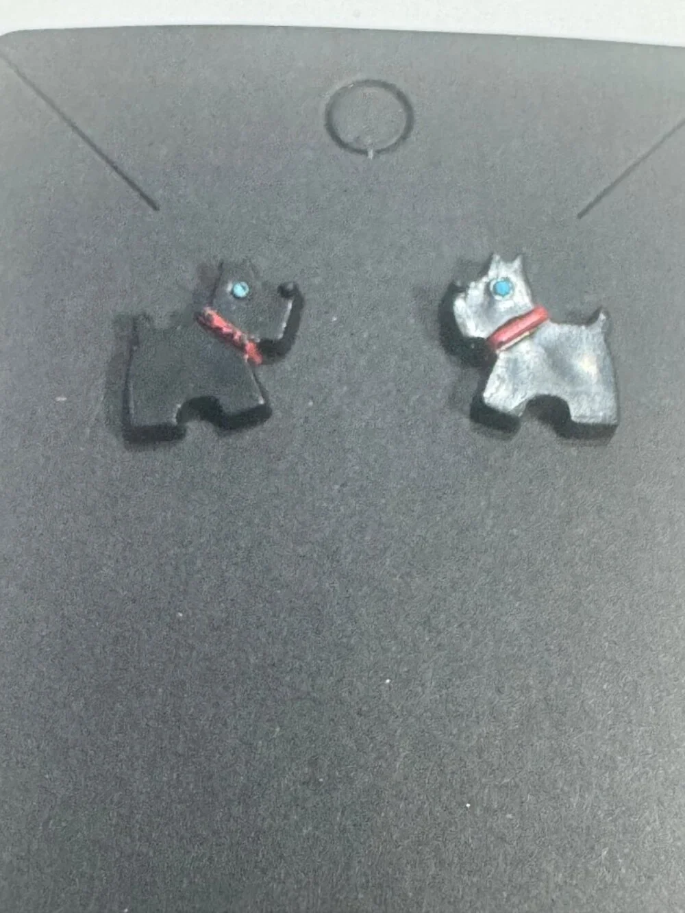 Scottie Dog Earrings Black & Silver Acrylic Red Collar Blue Eye Studs - Picture 1 of 4